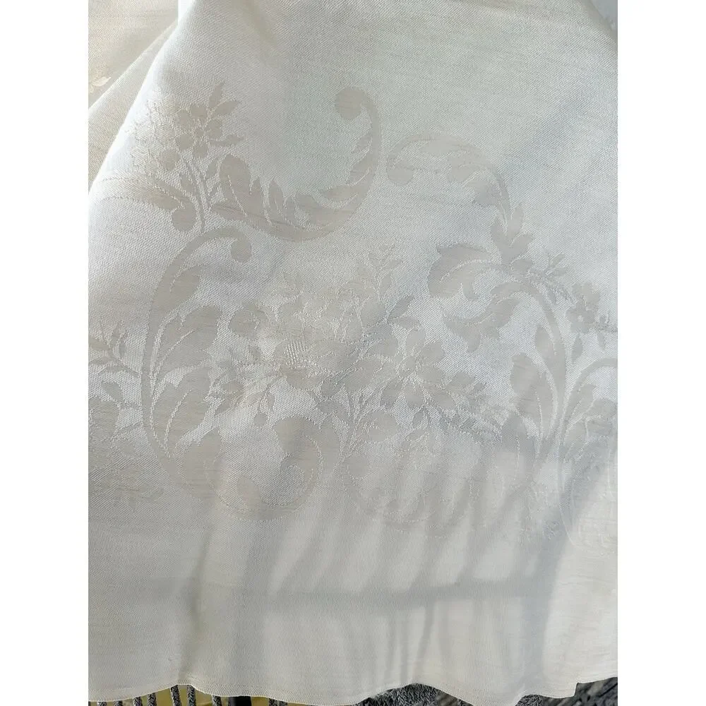 Vtg Beige Linen Double Damask Tablecloth 8 Napkins Floral Garlands Acanthus